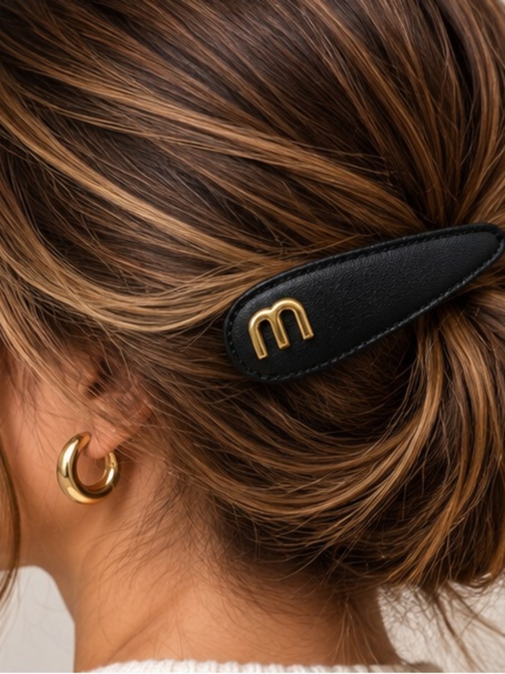 Black Faux Leather Initial Hair Clip | Gold M Detail Designer Inspired